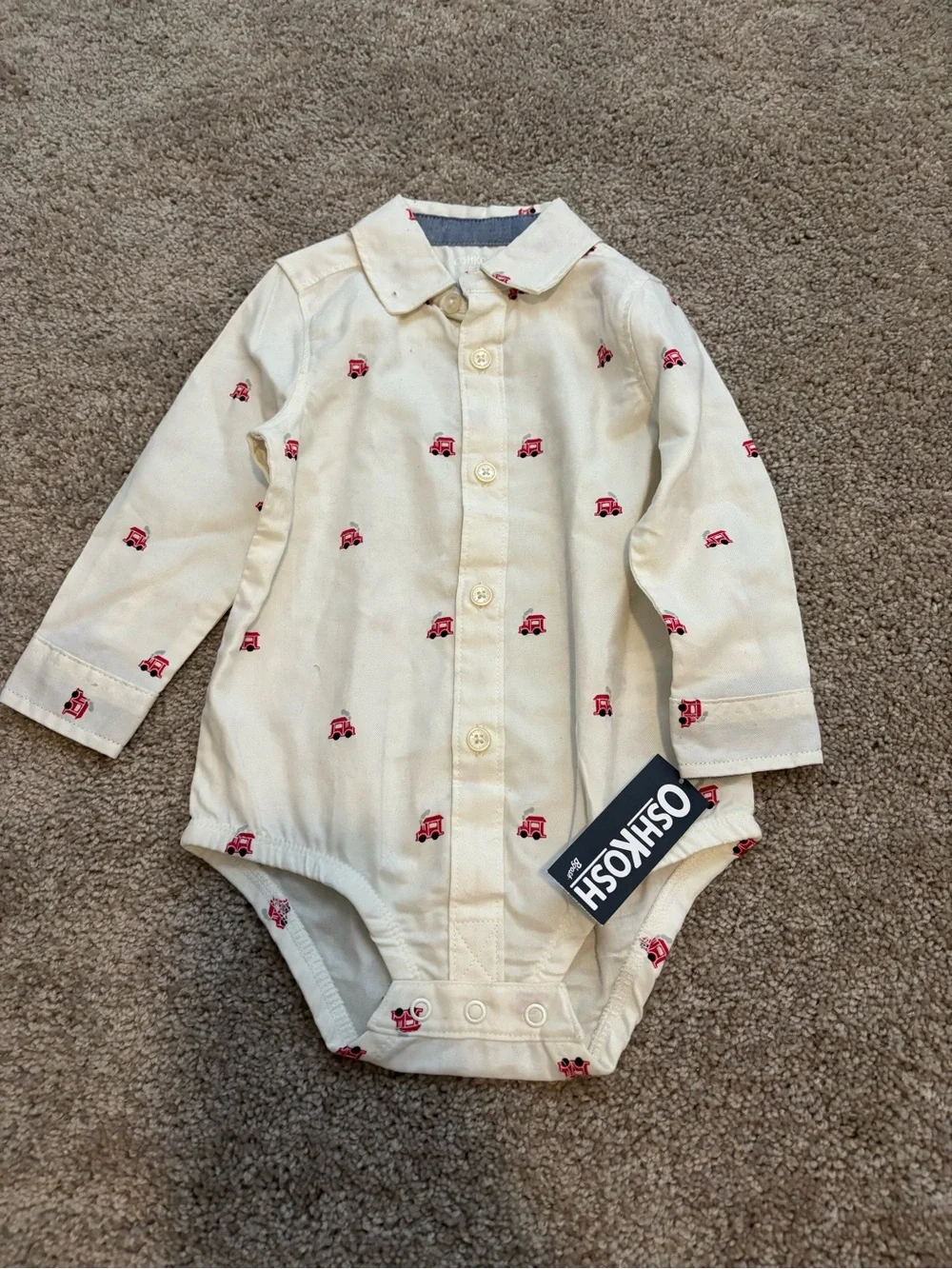 OshKosh B'gosh Cream Button-Front One-Piece with Red Car Motif